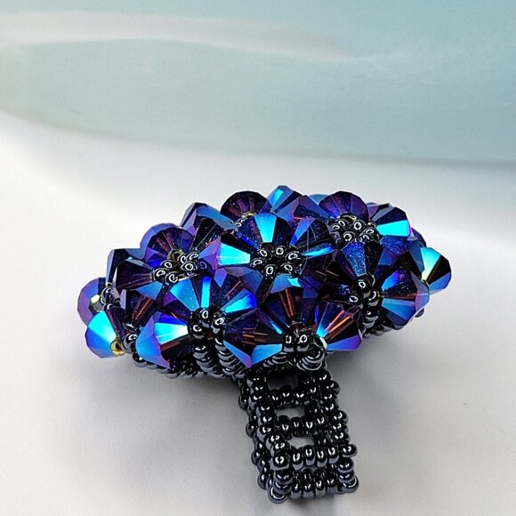 Blue Purple Bicone Crystals Ring Cluster Ring Glitter Beaded Stretch Ring - Picture 4 of 10